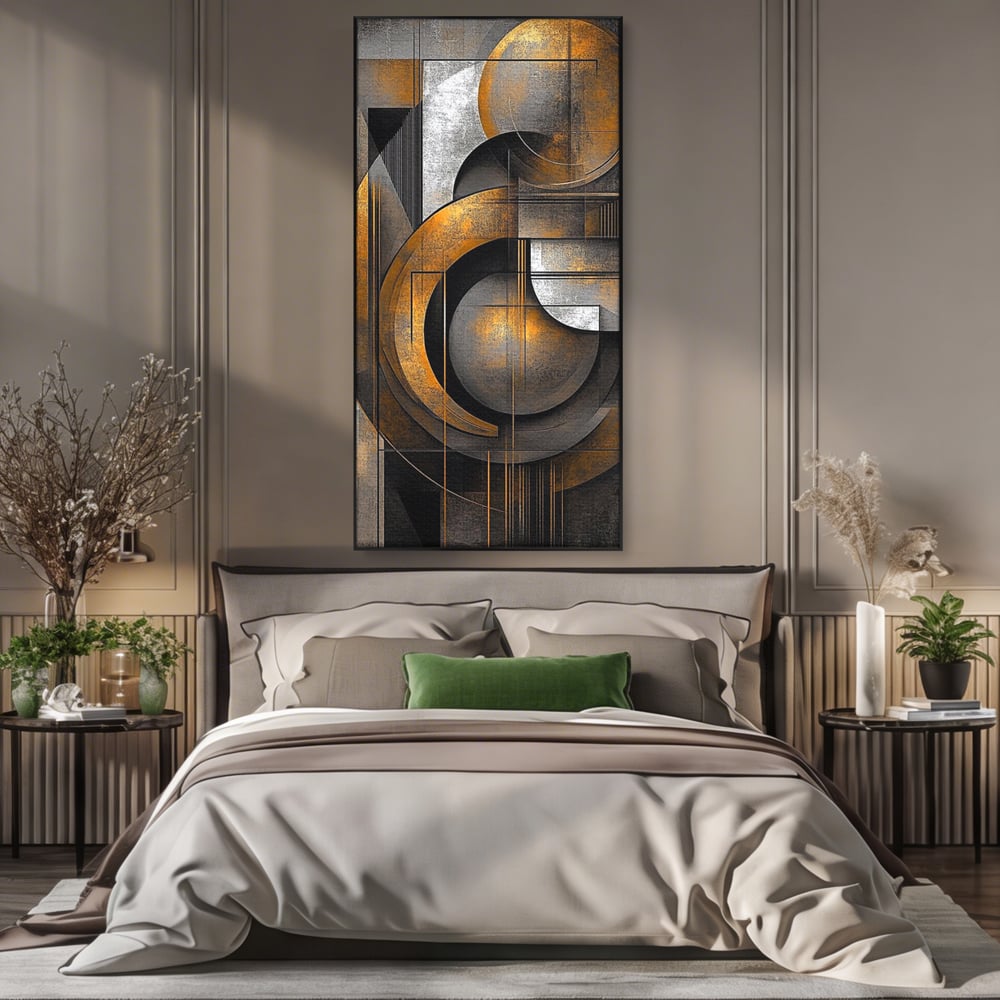 Tablou canvas cu tablou canvas geometric cu cercuri aurii si gri, in rama de aluminiu negru, pe perete intr-un dormitor