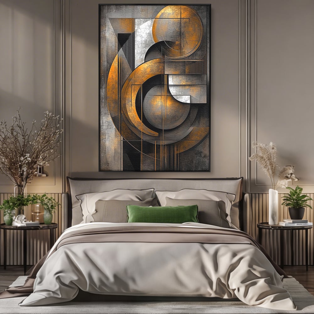 Tablou canvas cu tablou canvas geometric cu cercuri aurii si gri, in rama de aluminiu negru, pe perete intr-un dormitor