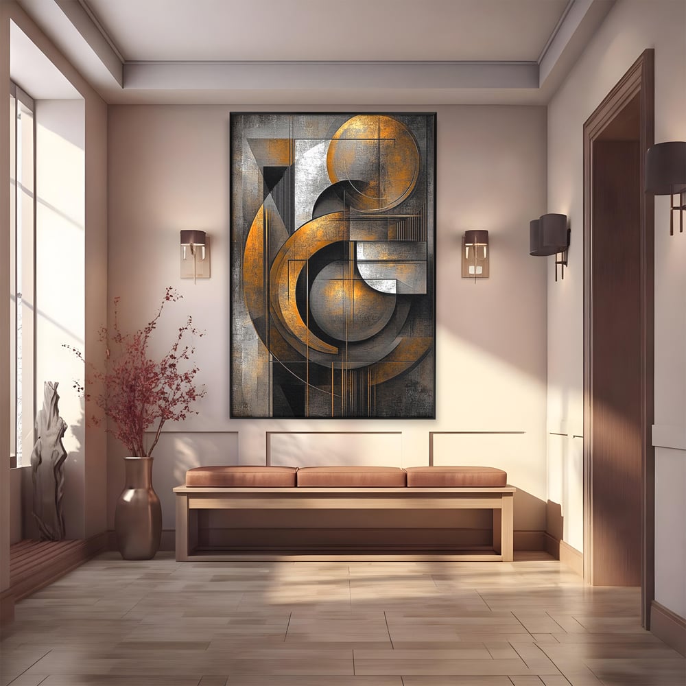 Tablou canvas cu tablou canvas geometric cu cercuri aurii si gri, in rama de aluminiu negru