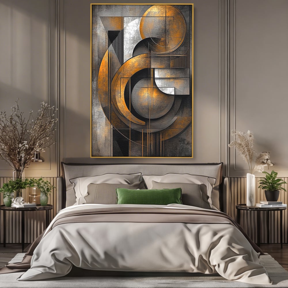 Tablou canvas cu tablou canvas geometric cu cercuri aurii si gri, in rama de aluminiu auriu, pe perete intr-un dormitor