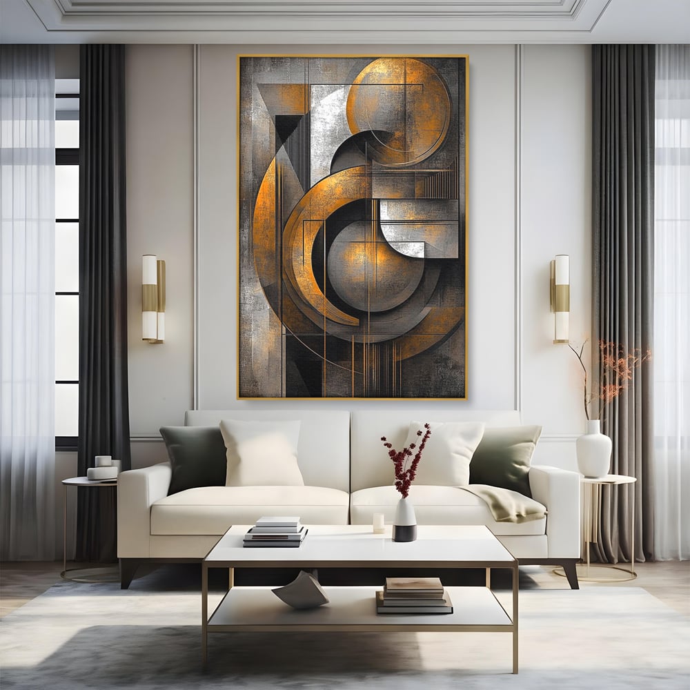 Tablou canvas cu tablou canvas geometric cu cercuri aurii si gri, in rama de aluminiu auriu, pe perete intr-un living