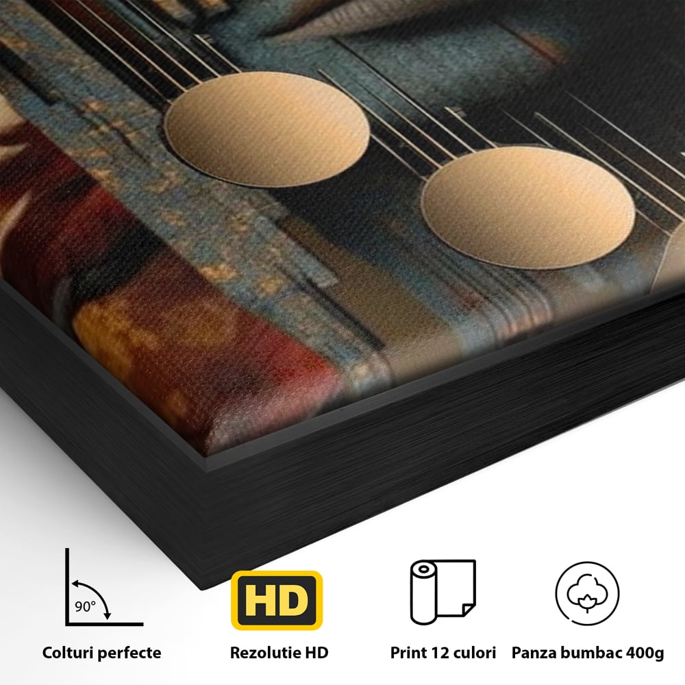 Detaliu al suprafetei: tablou canvas cu chip de femeie si oras stilizat, in rama de aluminiu negru