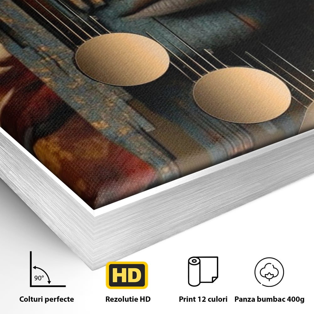 Detaliu al suprafetei: tablou canvas cu chip de femeie si oras stilizat, in rama de aluminiu argintiu