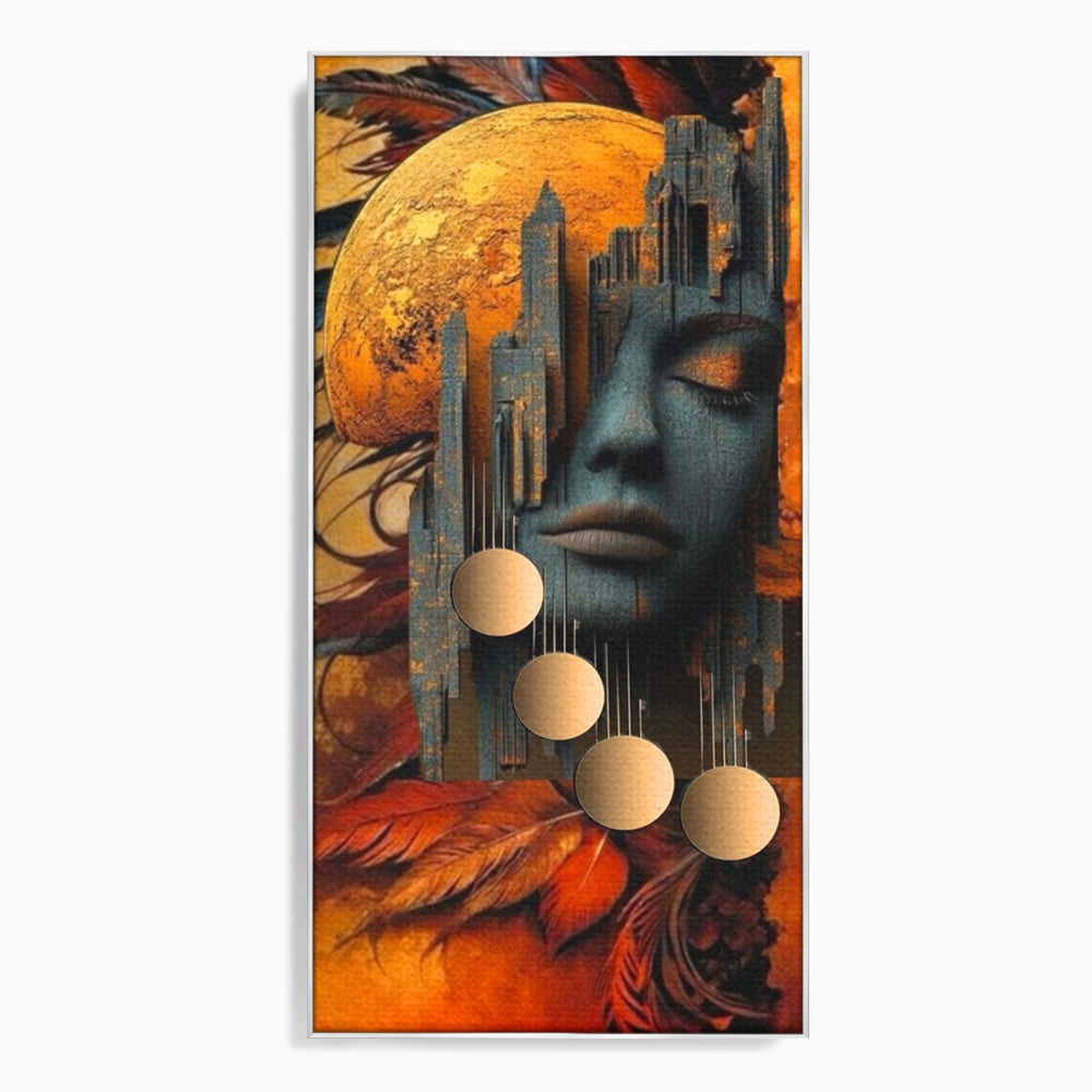 Tablou canvas cu tablou canvas cu chip de femeie si oras stilizat, in rama de aluminiu argintiu