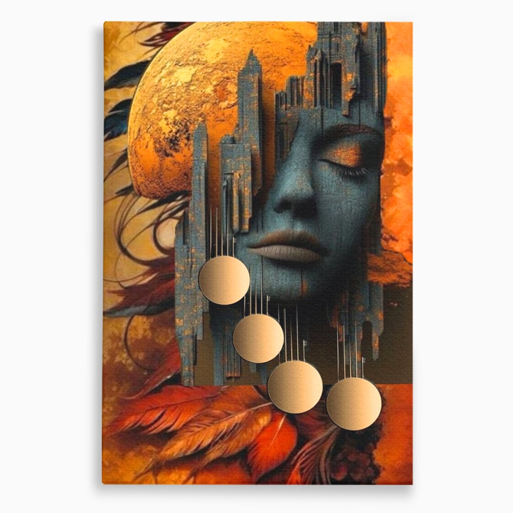 Tablou canvas cu tablou canvas cu chip de femeie si oras stilizat, fara rama, pe sasiu de lemn