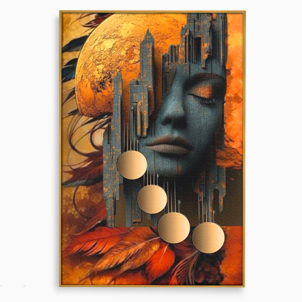 Tablou canvas cu tablou canvas cu chip de femeie si oras stilizat, in rama de aluminiu auriu