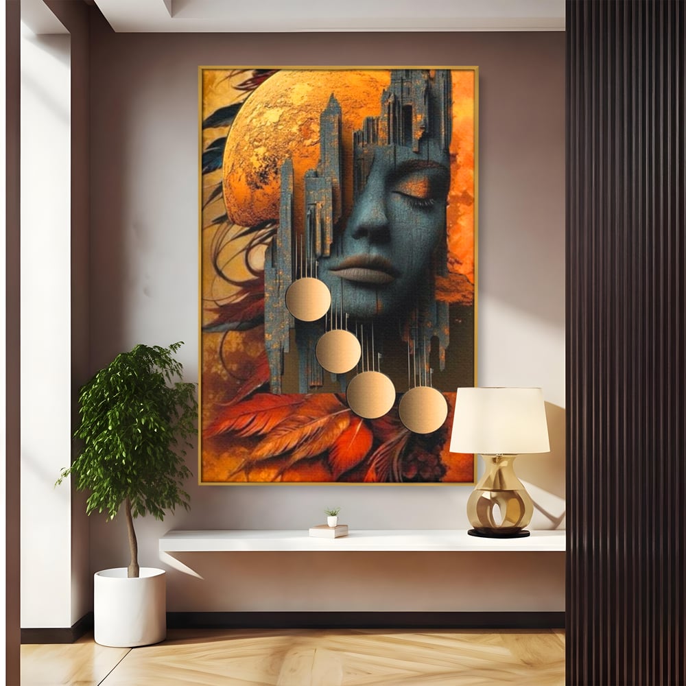 Tablou canvas cu tablou canvas cu chip de femeie si oras stilizat, in rama de aluminiu auriu