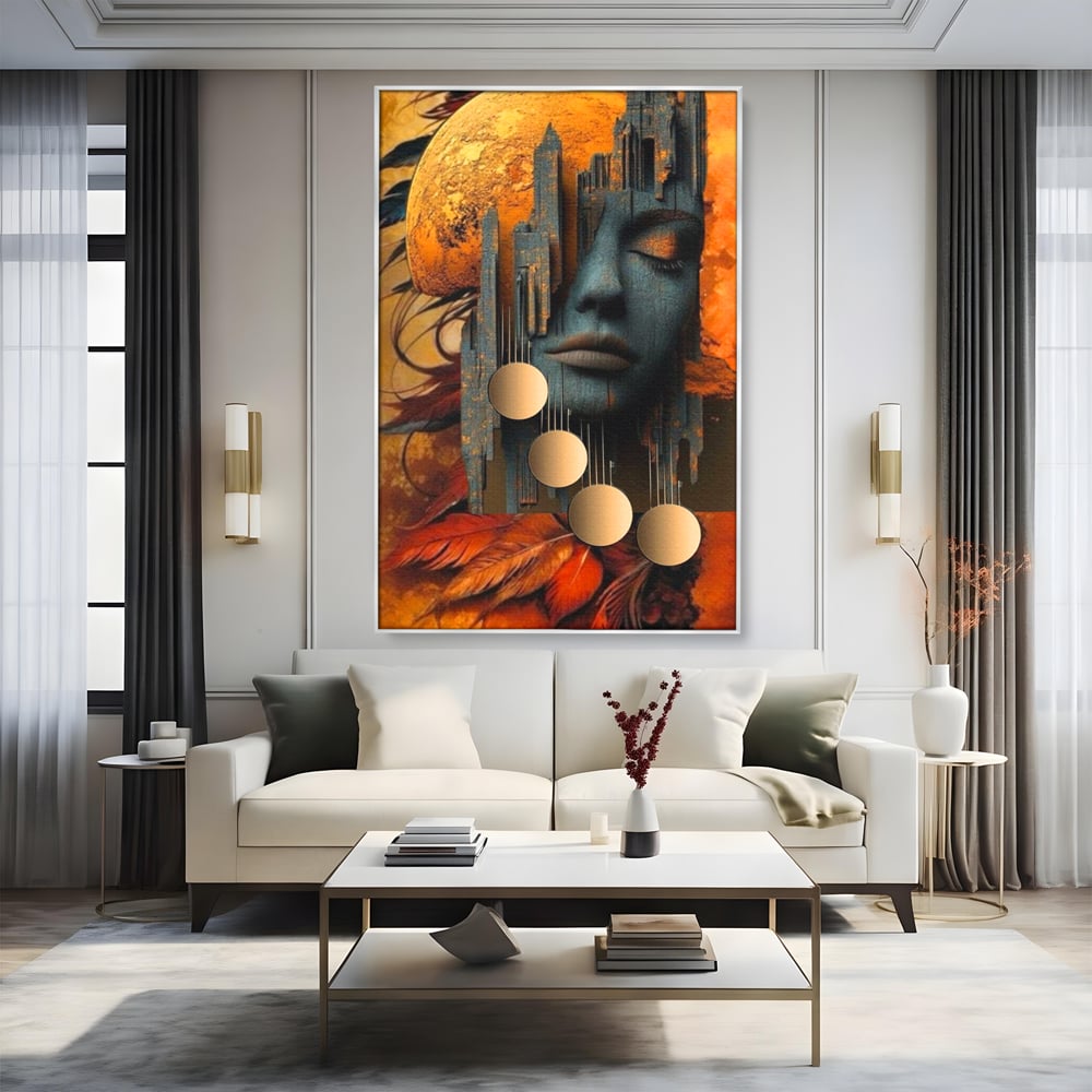 Tablou canvas cu tablou canvas cu chip de femeie si oras stilizat, in rama de aluminiu argintiu, pe perete intr-un living