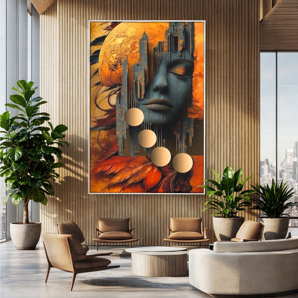 Tablou canvas cu tablou canvas cu chip de femeie si oras stilizat, in rama de aluminiu argintiu, pe perete intr-un birou