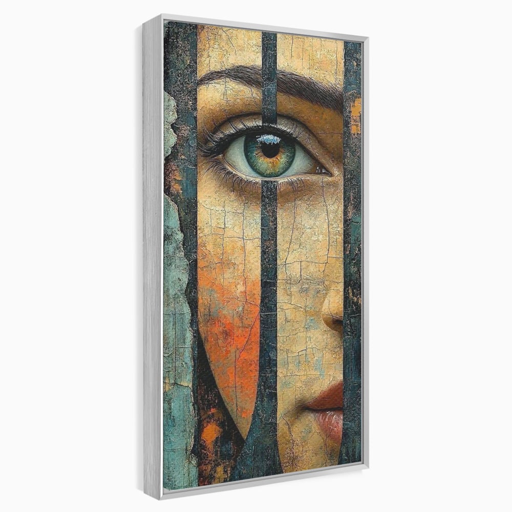 Tablou canvas cu tablou canvas cu ochi printre gratii, in rama de aluminiu argintiu