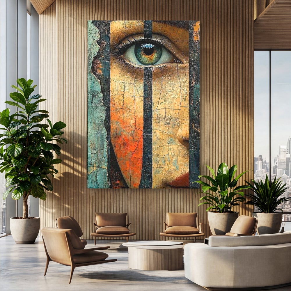Tablou canvas cu tablou canvas cu ochi printre gratii, fara rama, pe sasiu de lemn, pe perete intr-un birou