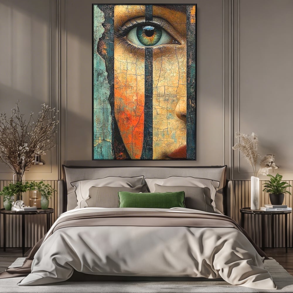 Tablou canvas cu tablou canvas cu ochi printre gratii, in rama de aluminiu negru, pe perete intr-un dormitor