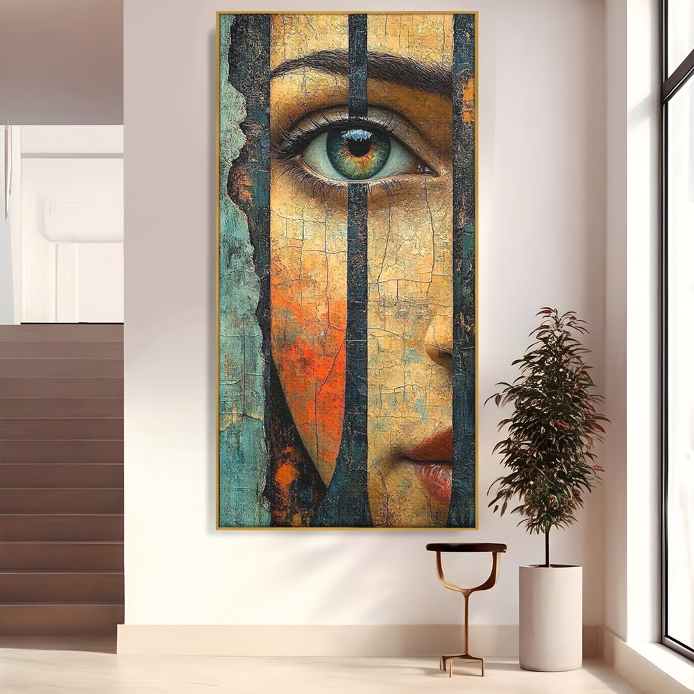 Tablou canvas cu tablou canvas cu ochi printre gratii, in rama de aluminiu auriu