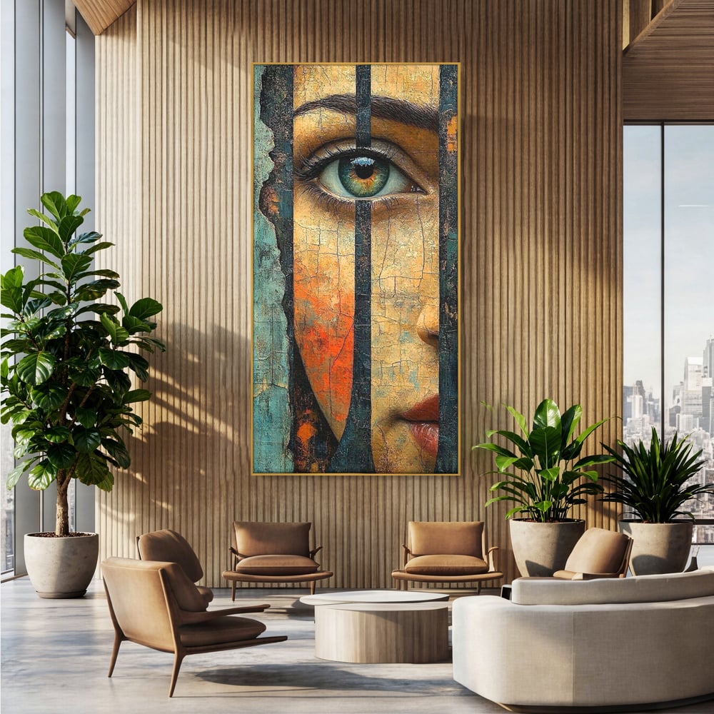 Tablou canvas cu tablou canvas cu ochi printre gratii, in rama de aluminiu auriu, pe perete intr-un birou