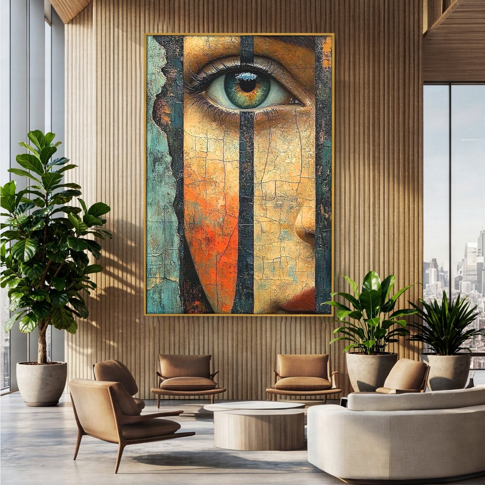 Tablou canvas cu tablou canvas cu ochi printre gratii, in rama de aluminiu auriu, pe perete intr-un birou