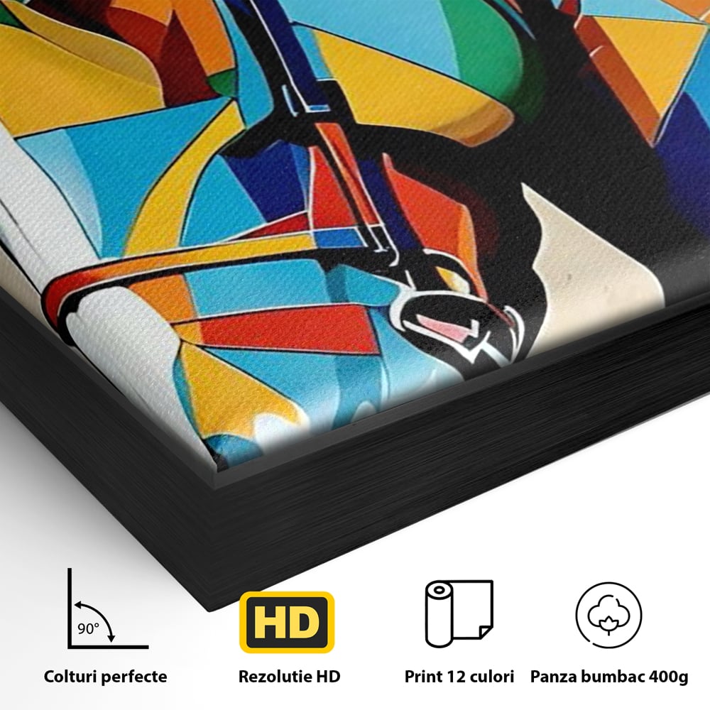 Detaliu al suprafetei: tablou canvas cu armasar geometric colorat, in rama de aluminiu negru
