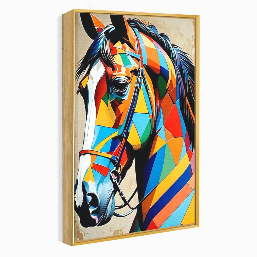 Tablou canvas cu tablou canvas cu armasar geometric colorat, in rama de aluminiu auriu