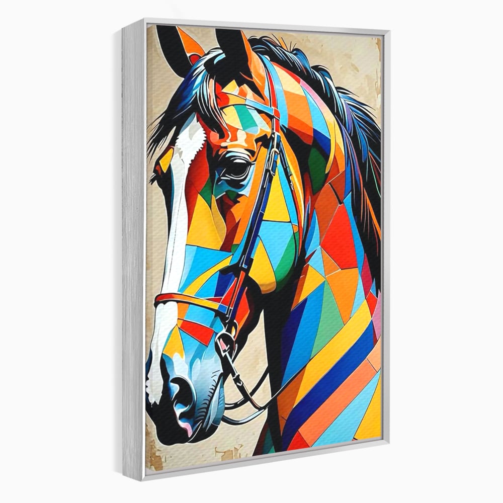 Tablou canvas cu tablou canvas cu armasar geometric colorat, in rama de aluminiu argintiu
