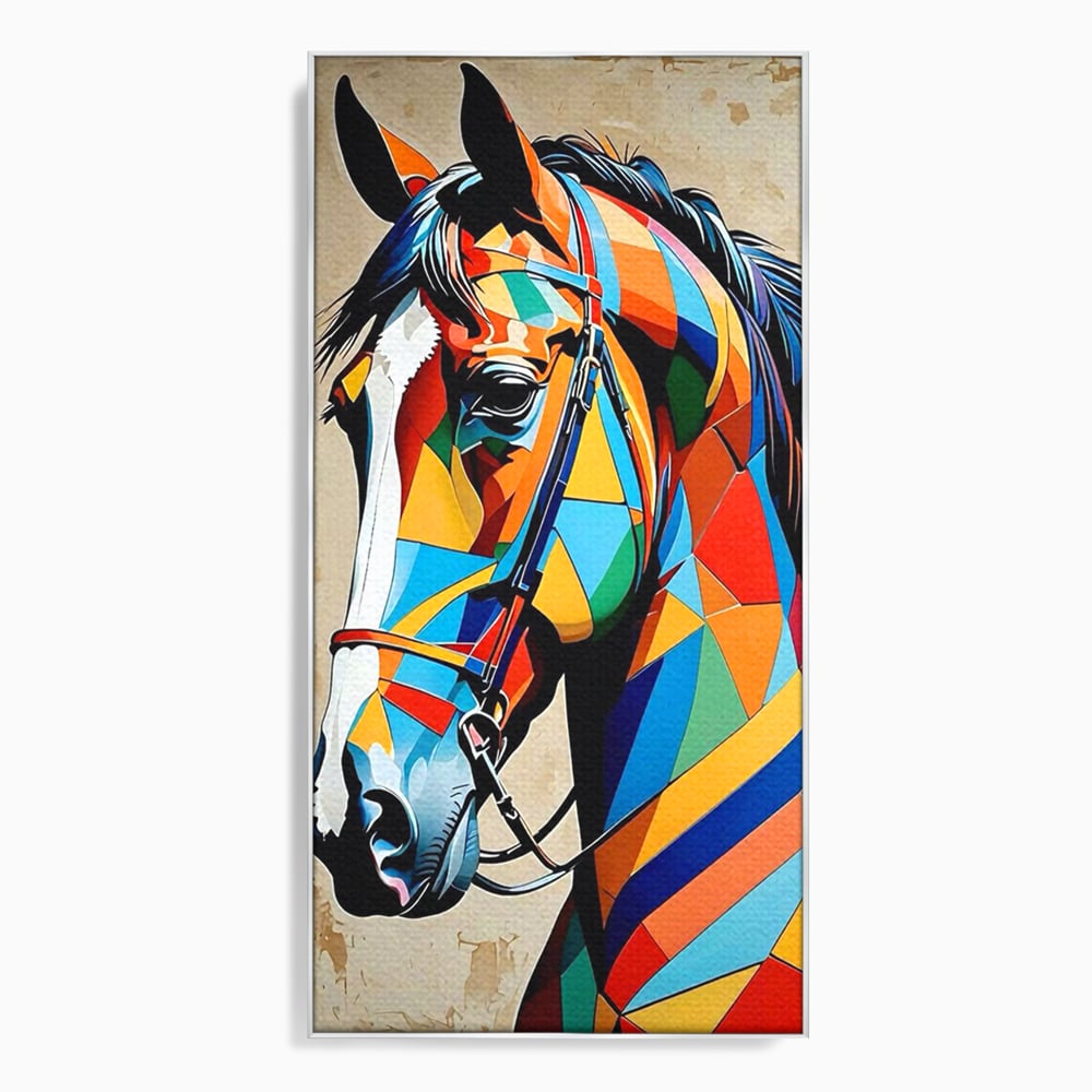 Tablou canvas cu tablou canvas cu armasar geometric colorat, in rama de aluminiu argintiu