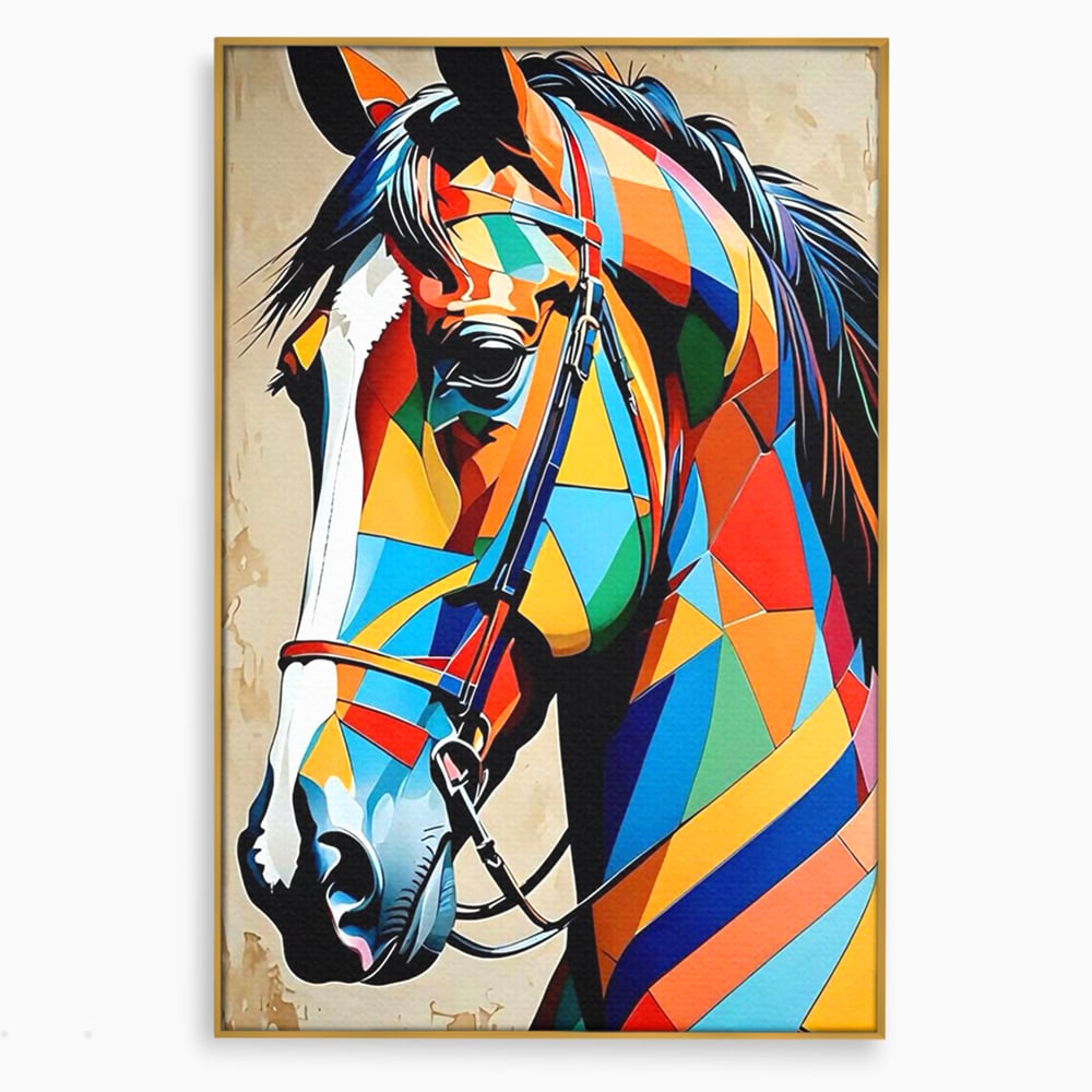 Tablou canvas cu tablou canvas cu armasar geometric colorat, in rama de aluminiu auriu