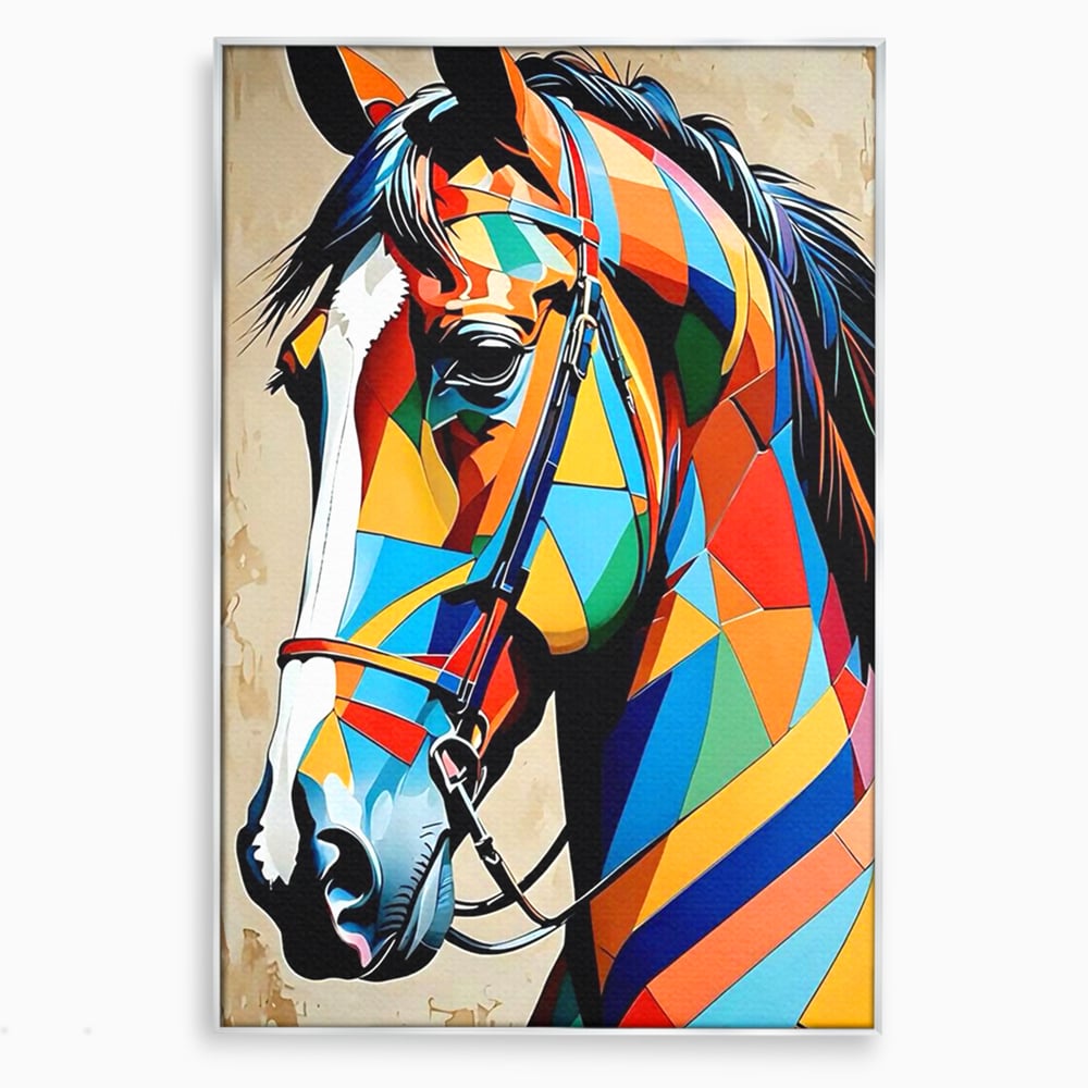 Tablou canvas cu tablou canvas cu armasar geometric colorat, in rama de aluminiu argintiu