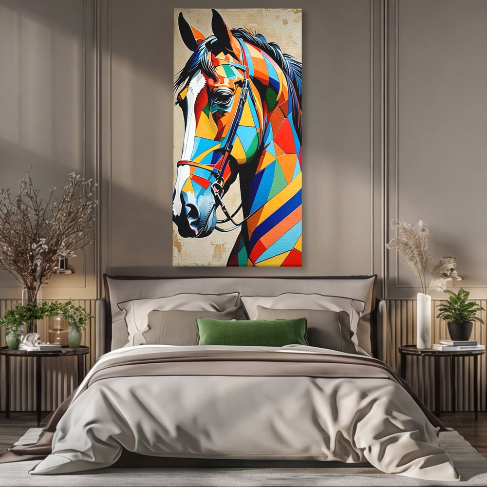 Tablou canvas cu tablou canvas cu armasar geometric colorat, fara rama, pe sasiu de lemn, pe perete intr-un dormitor