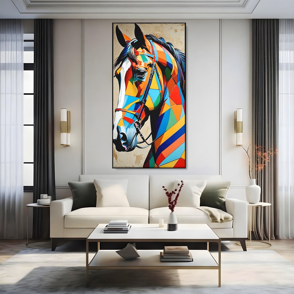 Tablou canvas cu tablou canvas cu armasar geometric colorat, in rama de aluminiu negru, pe perete intr-un living