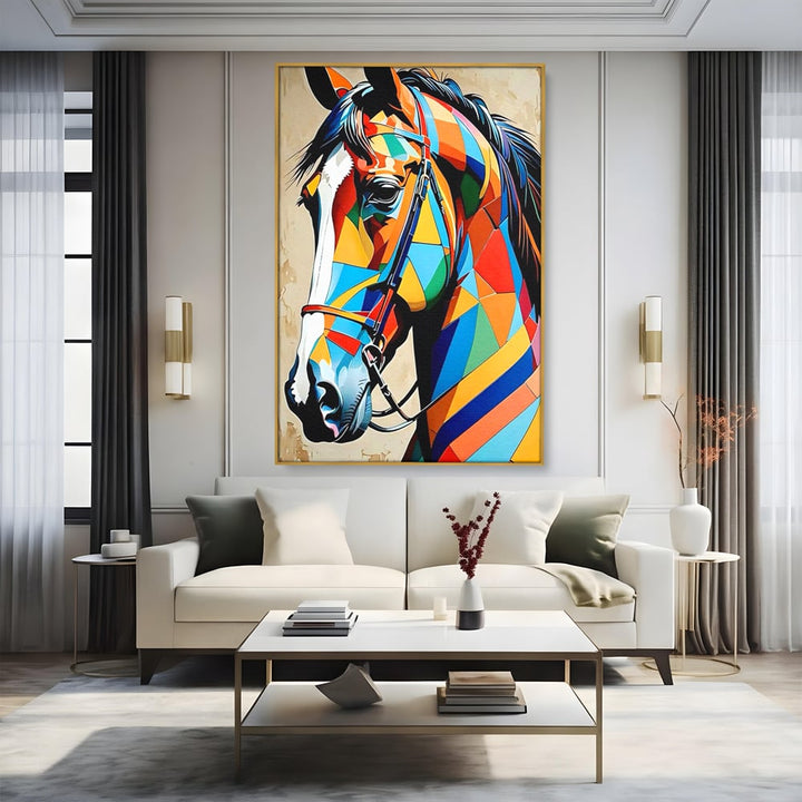 Tablou canvas cu tablou canvas cu armasar geometric colorat, in rama de aluminiu auriu, pe perete intr-un living