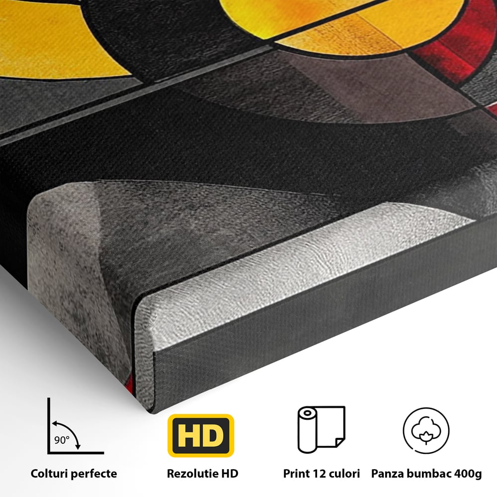 Detaliu al suprafetei: tablou canvas cu forme geometrice abstracte, fara rama, pe sasiu de lemn