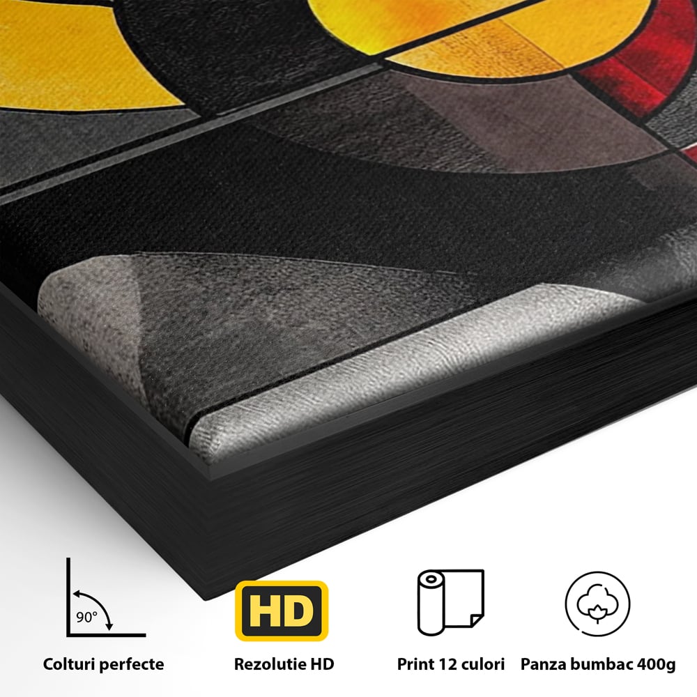 Detaliu al suprafetei: tablou canvas cu forme geometrice abstracte, in rama de aluminiu negru
