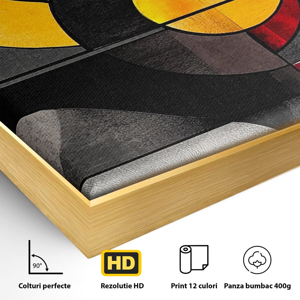 Detaliu al suprafetei: tablou canvas cu forme geometrice abstracte, in rama de aluminiu auriu