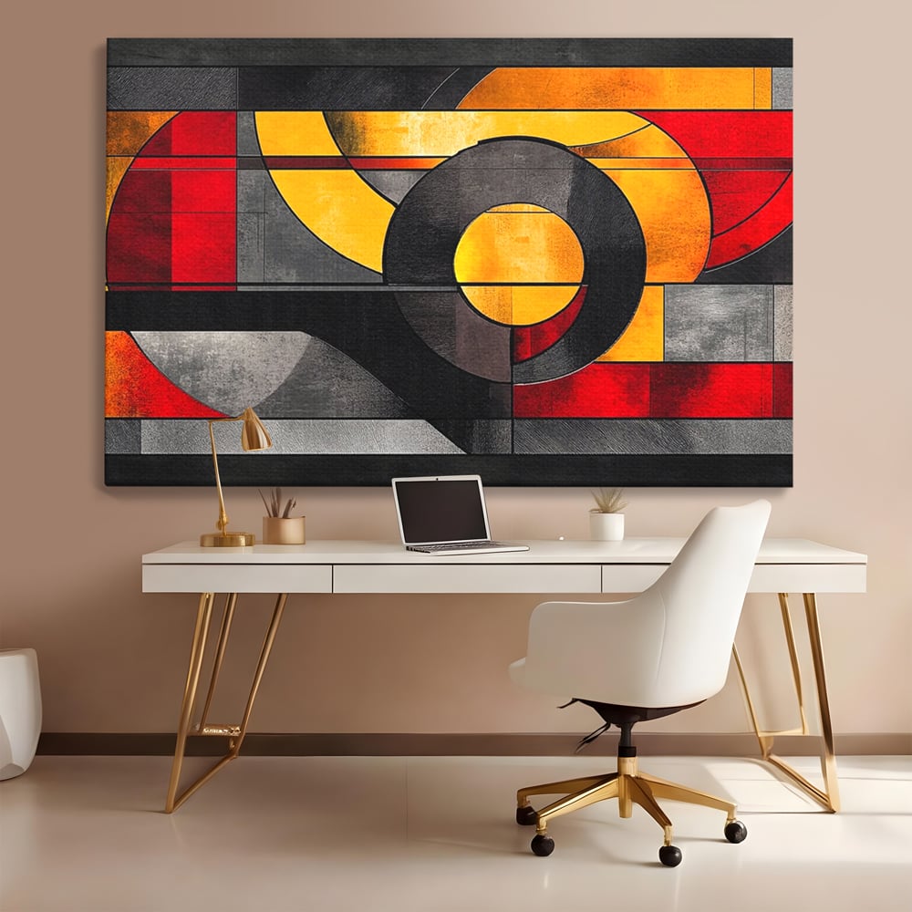 Tablou canvas cu tablou canvas cu forme geometrice abstracte, fara rama, pe sasiu de lemn, pe perete intr-un birou