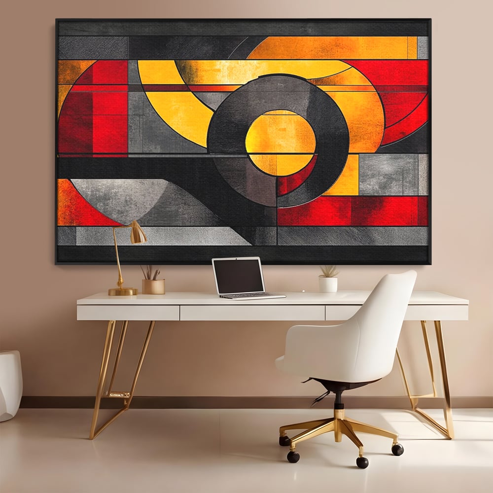 Tablou canvas cu tablou canvas cu forme geometrice abstracte, in rama de aluminiu negru, pe perete intr-un birou