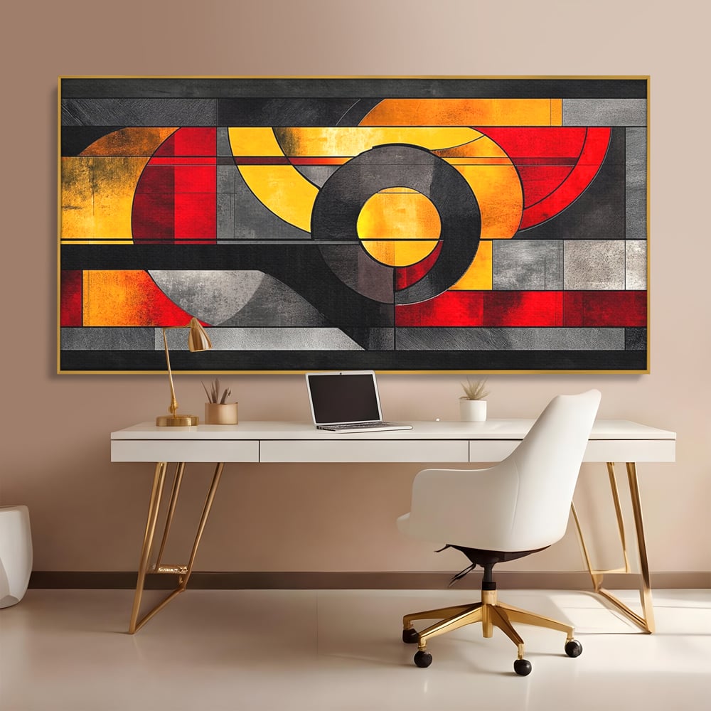Tablou canvas cu tablou canvas cu forme geometrice abstracte, in rama de aluminiu auriu, pe perete intr-un birou