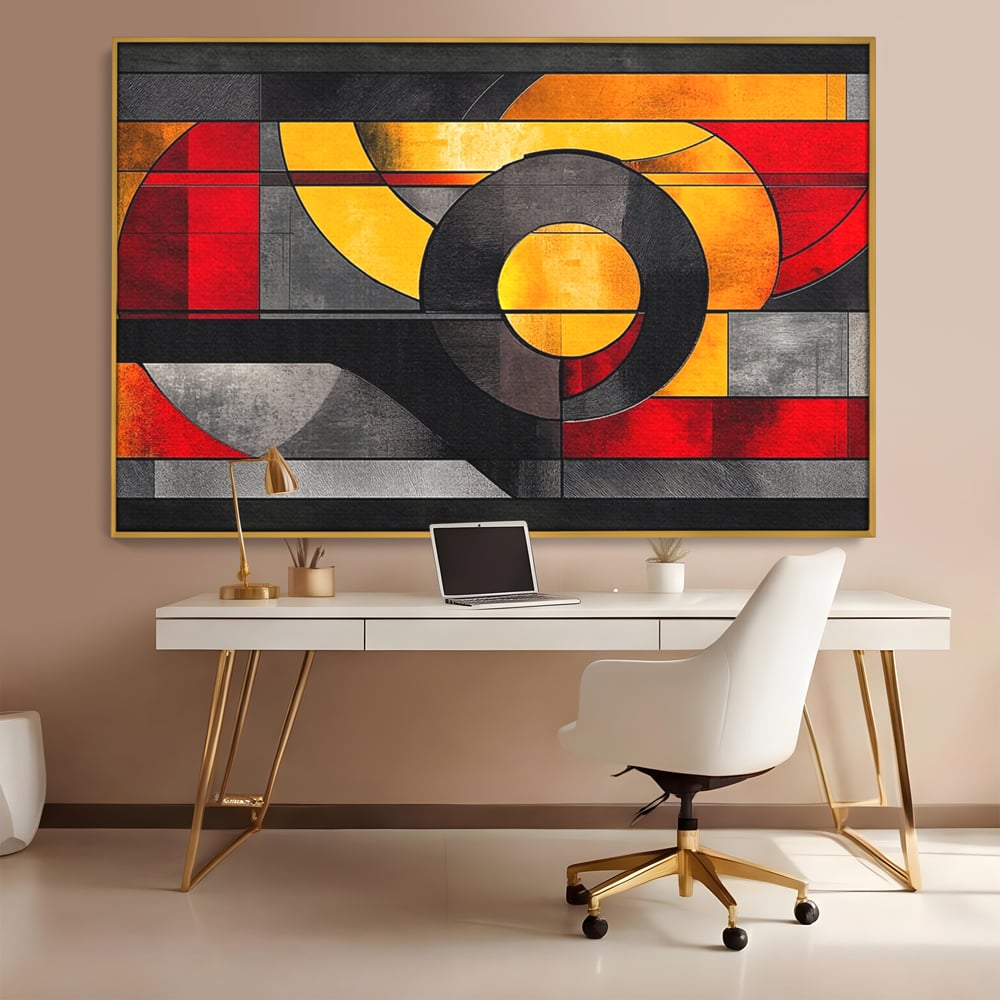 Tablou canvas cu tablou canvas cu forme geometrice abstracte, in rama de aluminiu auriu, pe perete intr-un birou