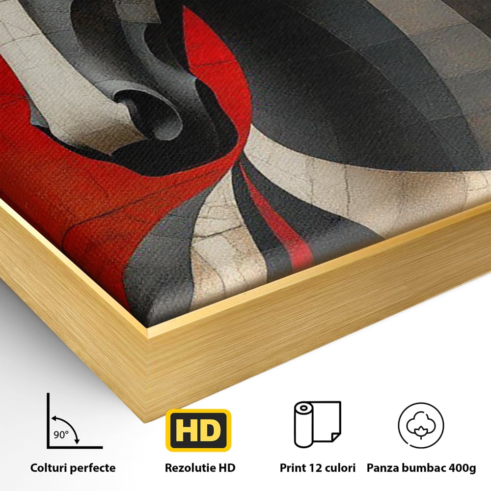 Detaliu al suprafetei: tablou canvas cu un cal geometric, in rama de aluminiu auriu