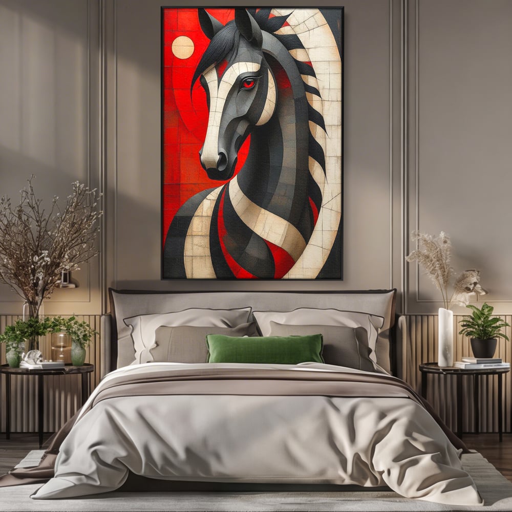 Tablou canvas cu tablou canvas cu un cal geometric, in rama de aluminiu negru, pe perete intr-un dormitor