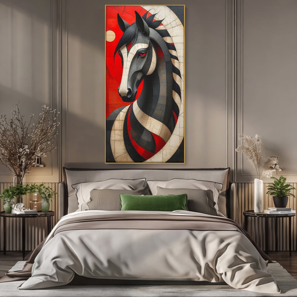 Tablou canvas cu tablou canvas cu un cal geometric, in rama de aluminiu auriu, pe perete intr-un dormitor