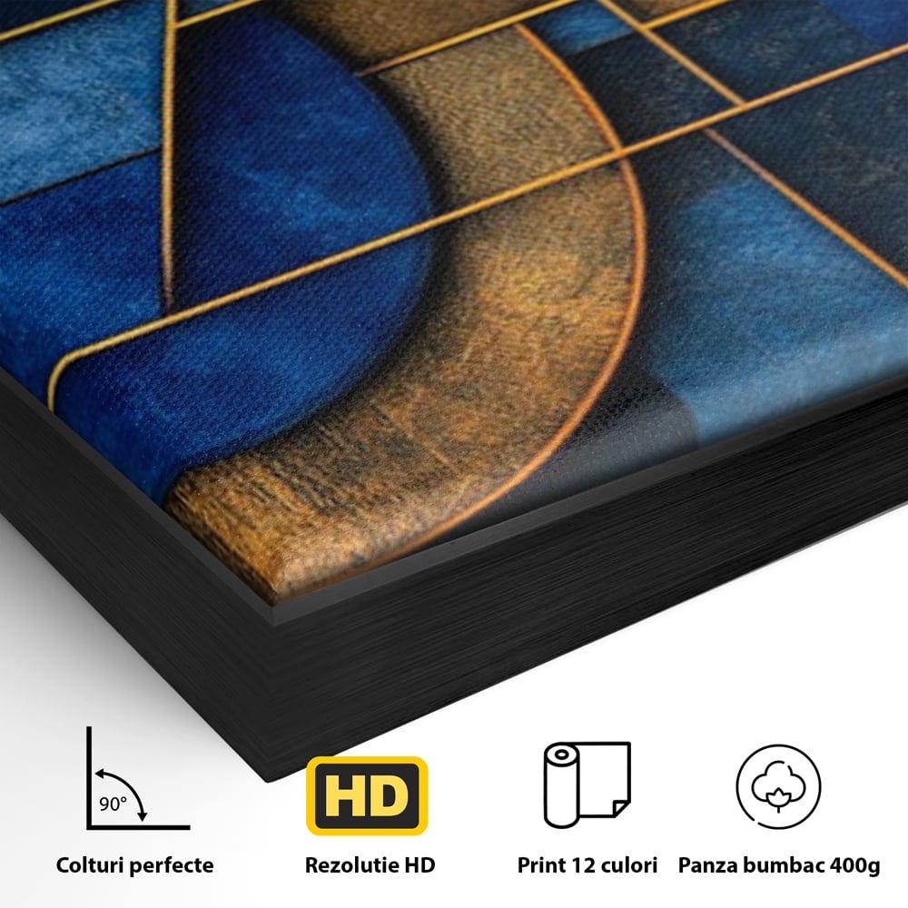 Detaliu al suprafetei: tablou canvas cu forme geometrice albastre si aurii, in rama de aluminiu negru