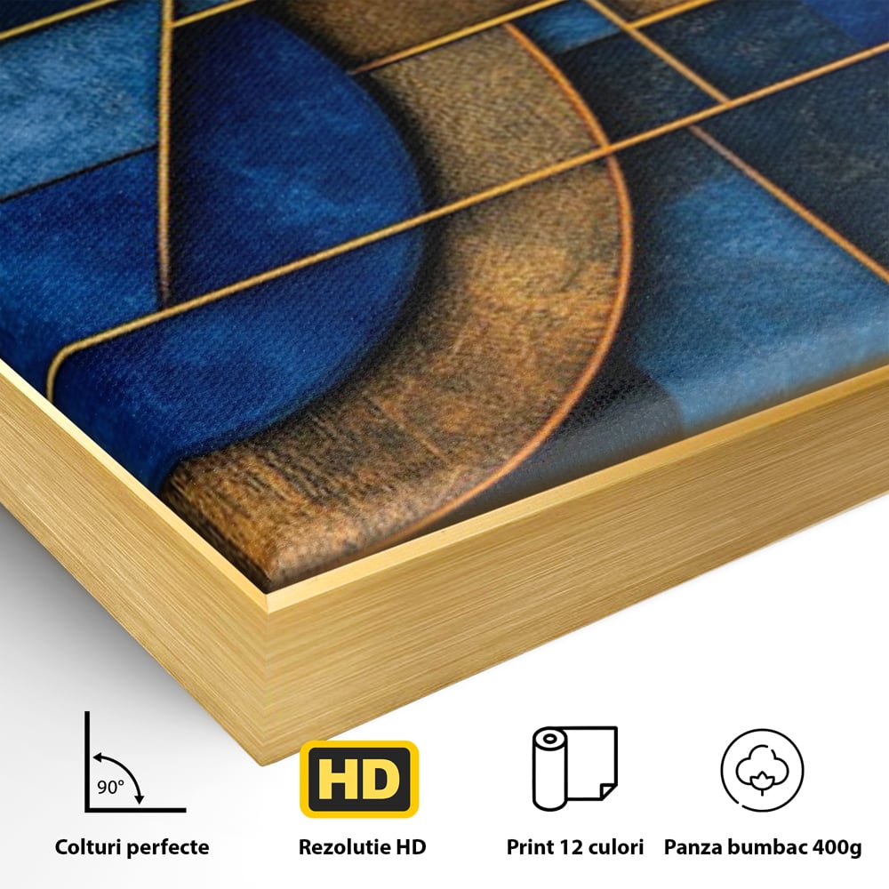 Detaliu al suprafetei: tablou canvas cu forme geometrice albastre si aurii, in rama de aluminiu auriu