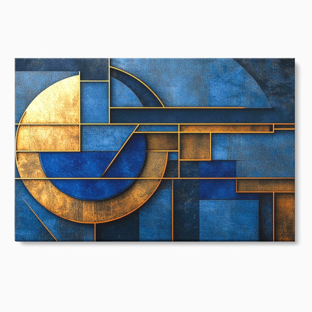 Tablou canvas cu tablou canvas cu forme geometrice albastre si aurii, fara rama, pe sasiu de lemn