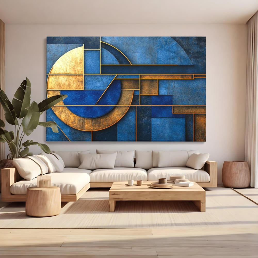 Tablou canvas cu tablou canvas cu forme geometrice albastre si aurii, fara rama, pe sasiu de lemn, pe perete intr-un living