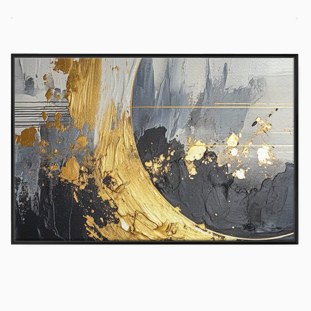 Tablou canvas cu pictura abstracta cu arc aurit si texturi gri, in rama de aluminiu negru