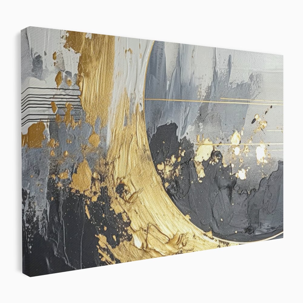 Tablou canvas cu pictura abstracta cu arc aurit si texturi gri, fara rama, pe sasiu de lemn