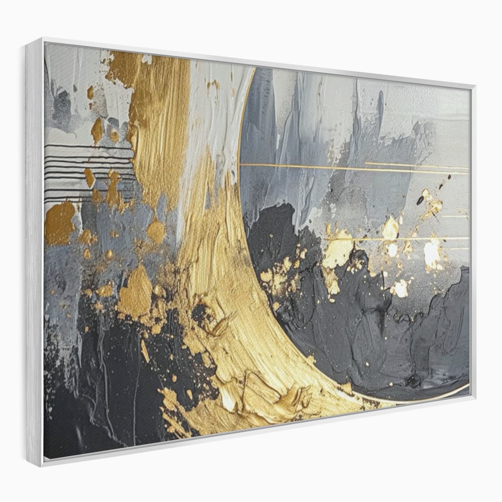 Tablou canvas cu pictura abstracta cu arc aurit si texturi gri, in rama de aluminiu argintiu