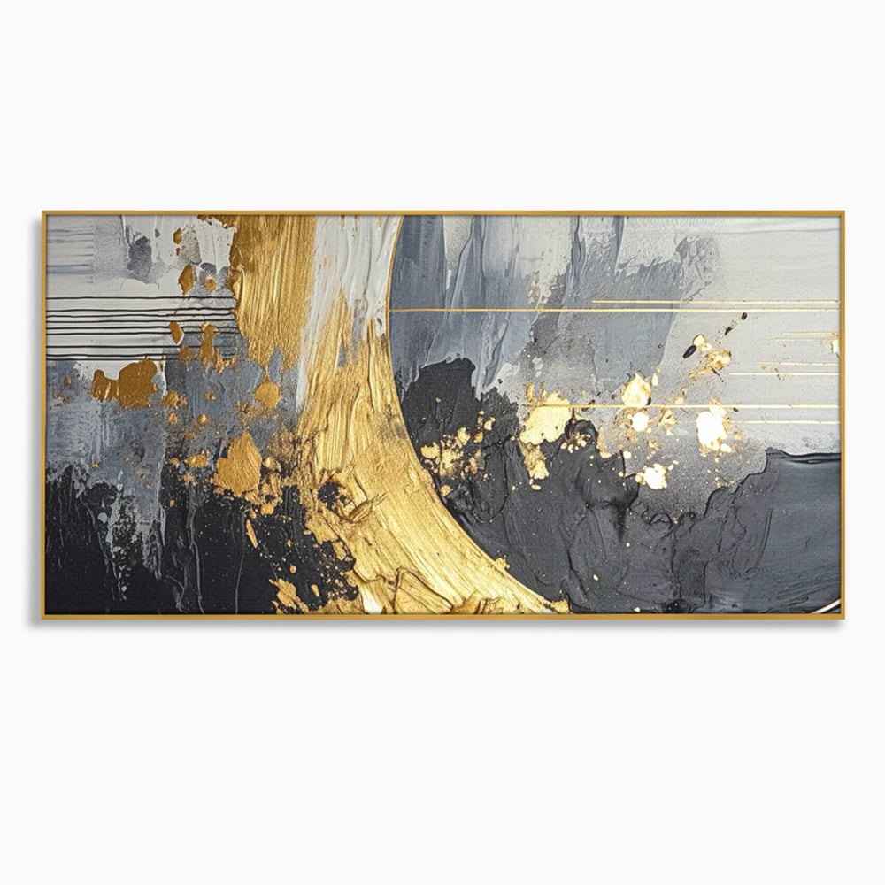Tablou canvas cu pictura abstracta cu arc aurit si texturi gri, in rama de aluminiu auriu