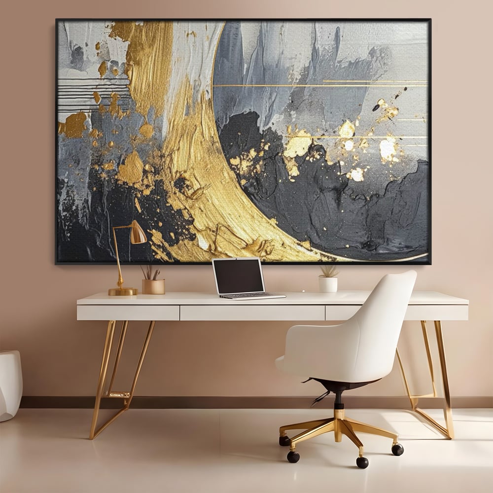 Tablou canvas cu pictura abstracta cu arc aurit si texturi gri, in rama de aluminiu negru, pe perete intr-un birou