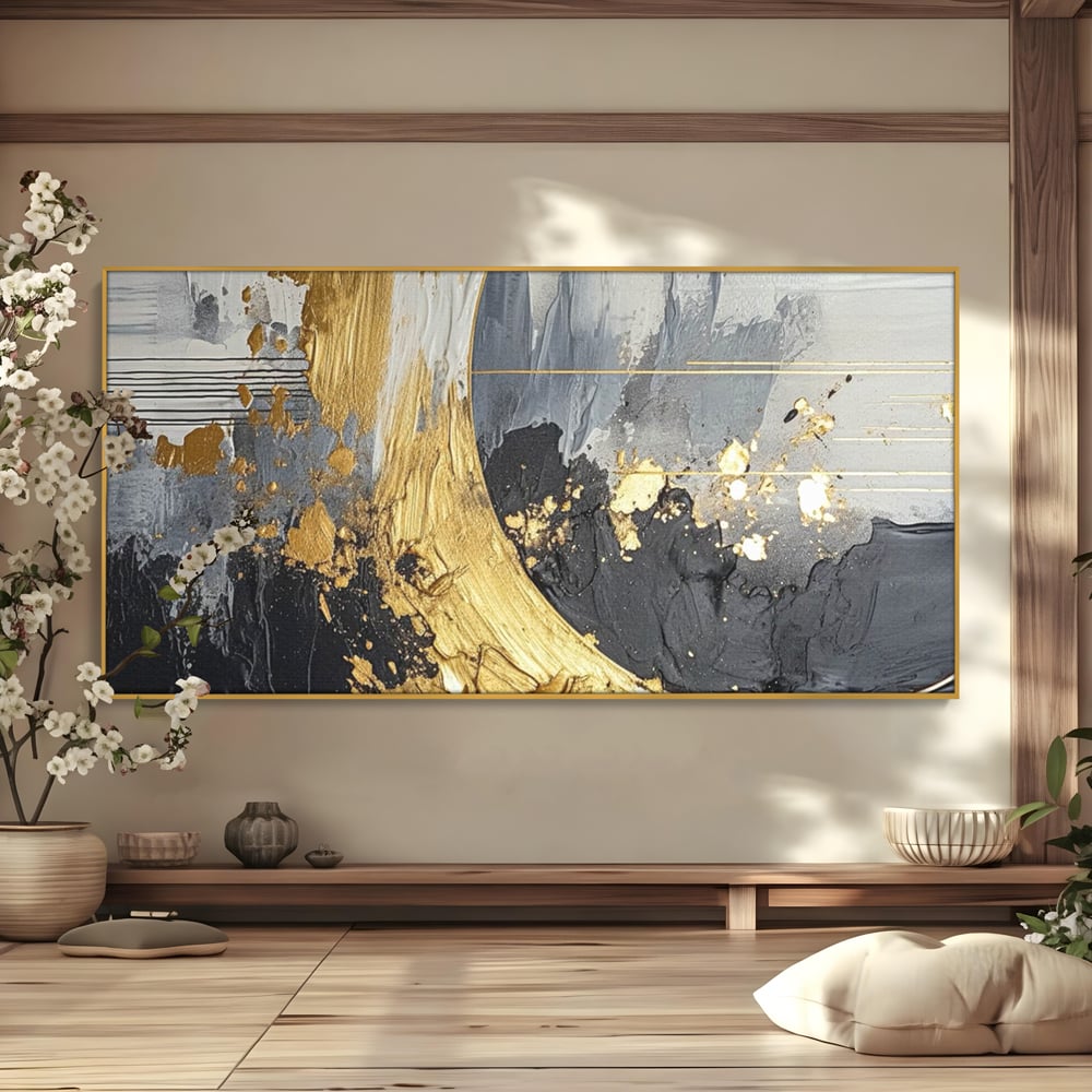 Tablou canvas cu pictura abstracta cu arc aurit si texturi gri, in rama de aluminiu auriu