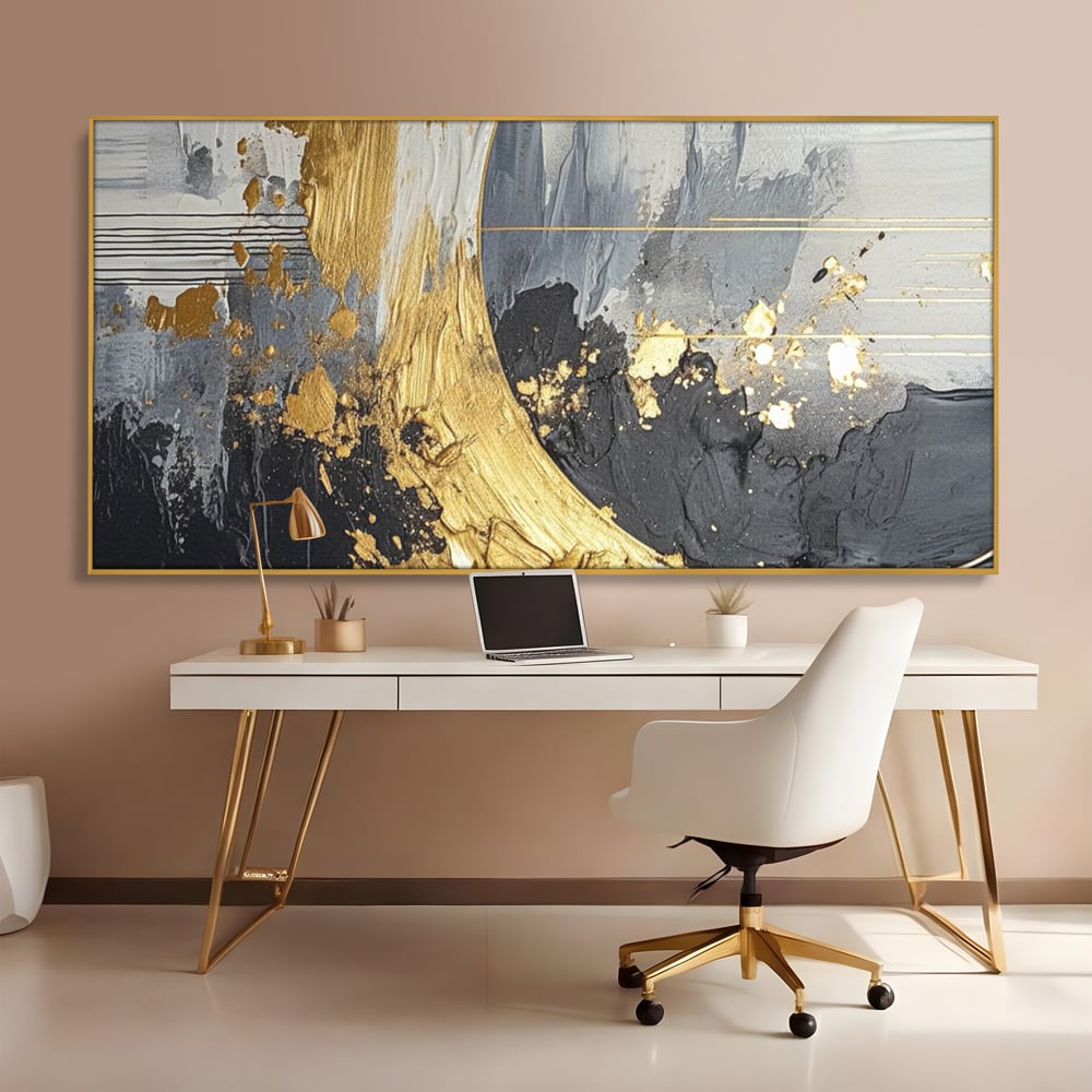 Tablou canvas cu pictura abstracta cu arc aurit si texturi gri, in rama de aluminiu auriu, pe perete intr-un birou