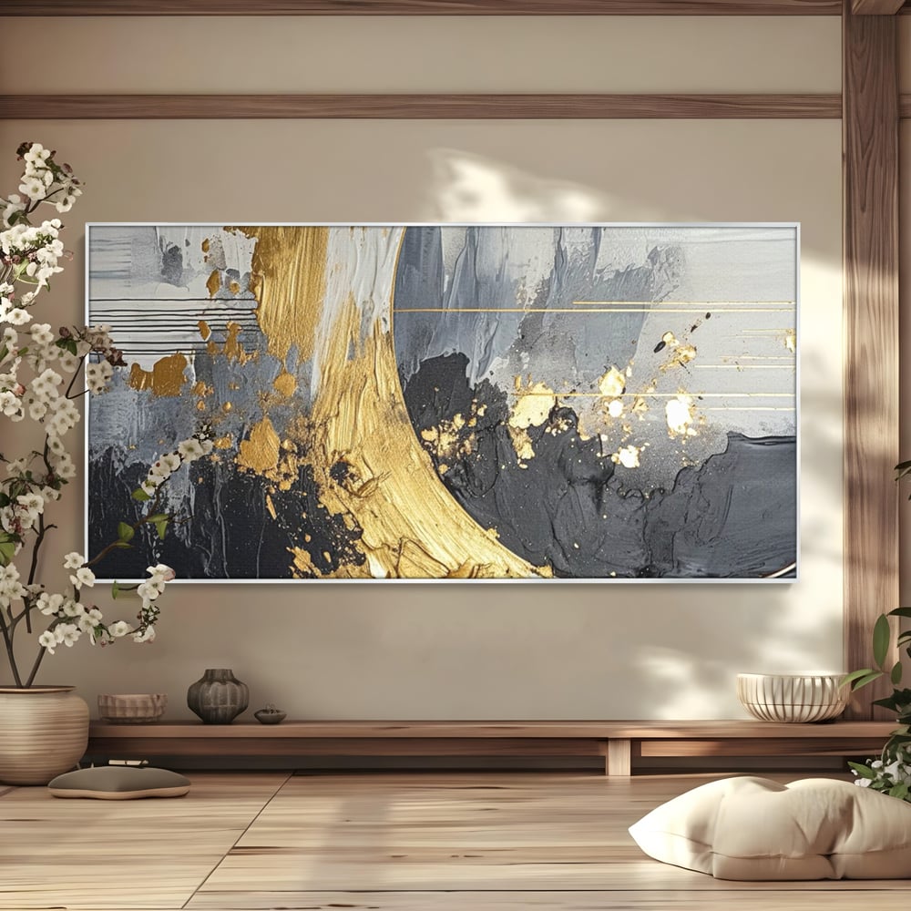 Tablou canvas cu pictura abstracta cu arc aurit si texturi gri, in rama de aluminiu argintiu
